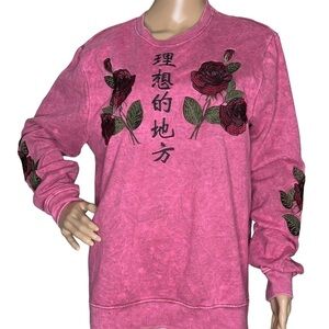 Blind Rooster sweatshirt pink tie-dyed with rose embroidered detail Large